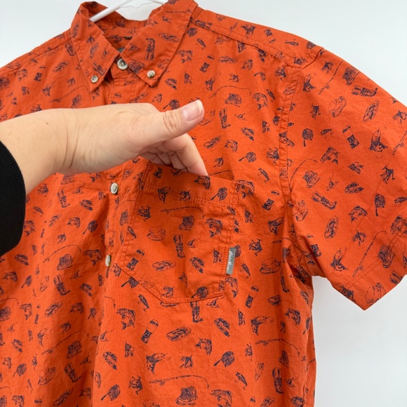 Eddie Bauer Shirt Men Medium Orange Fish All Over Print Button Down Short Sleeve - Picture 2 of 8